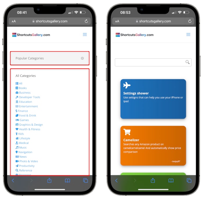 Shortcuts gallery screenshots
