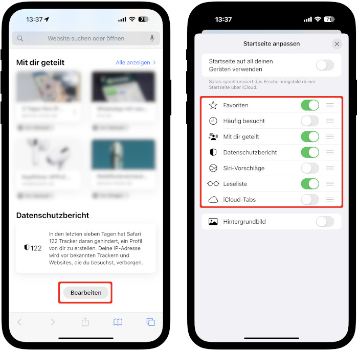 Edit Safari homepage on iPhone