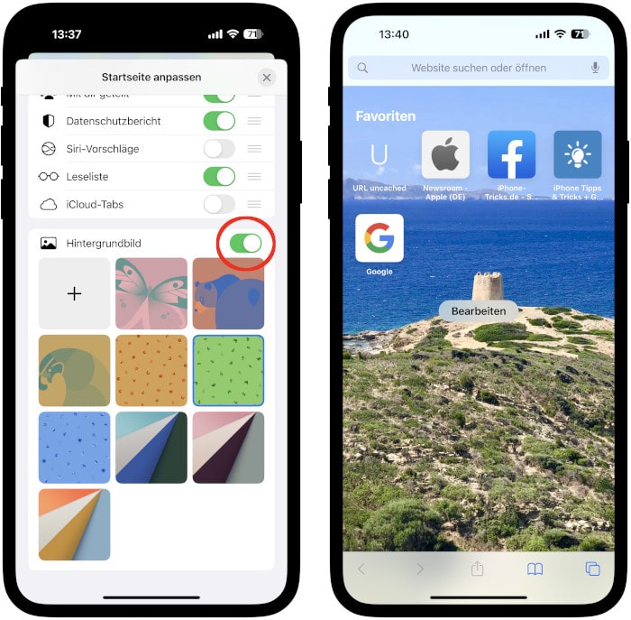 Choose wallpaper in Safari