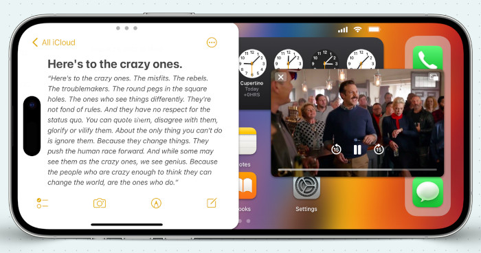iPhone home screen in landscape view with multitasking and split screen
