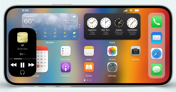 iPhone home screen in landscape view with live activity