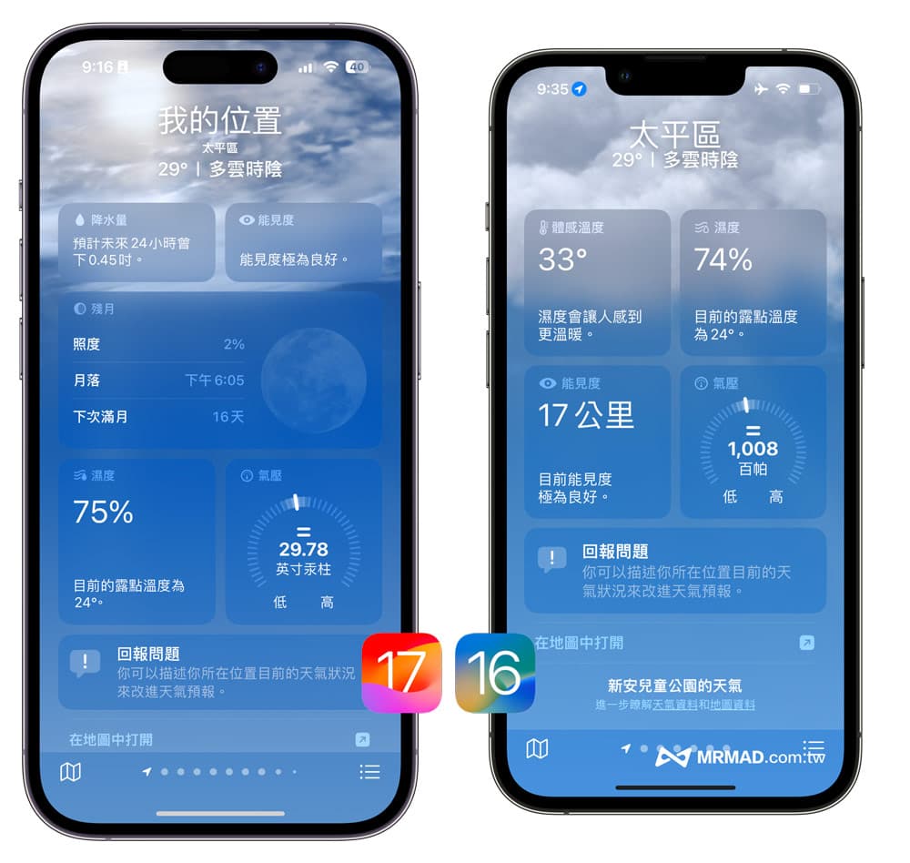 iOS 17 weather vs. iOS 16 weather interface difference comparison 2