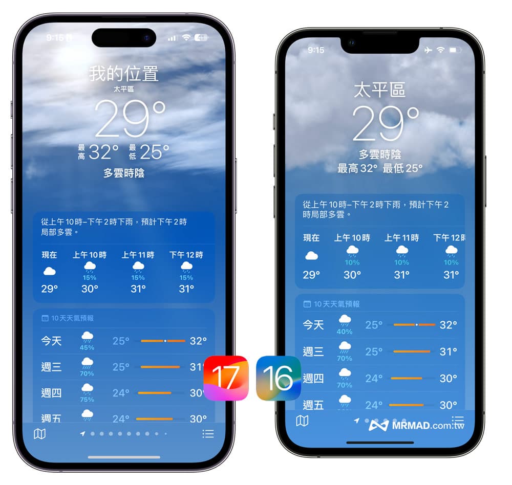 iOS 17 weather vs. iOS 16 weather interface difference comparison