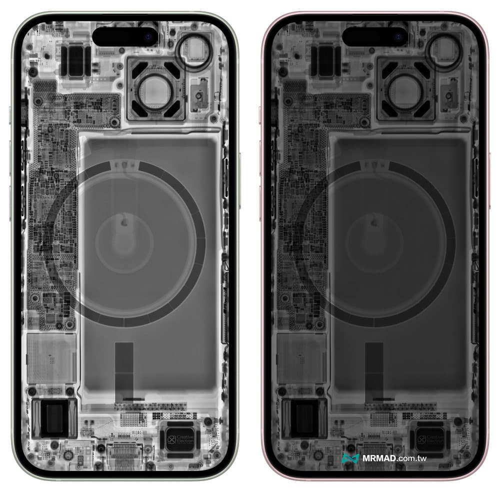 X-ray perspective view of iPhone 15 parts tablecloth
