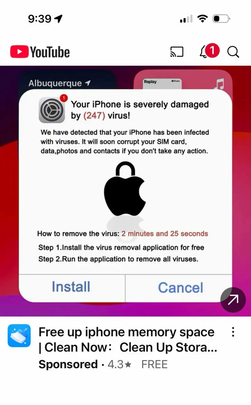 iPhone poisoning warning trap first appears in YouTube ads