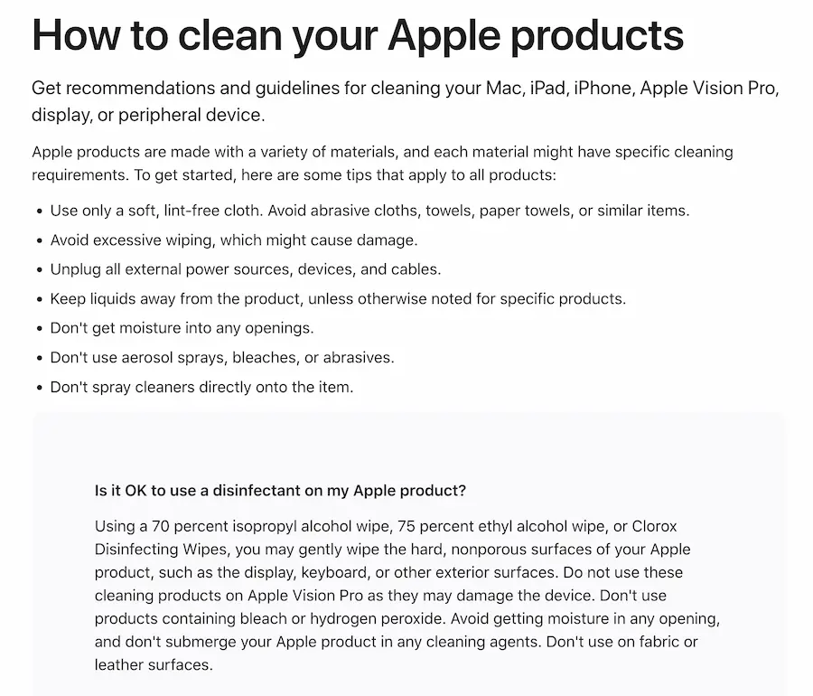 Apple officially recommends cleaning iPhones without using ingredients containing bleach or hydrogen peroxide
