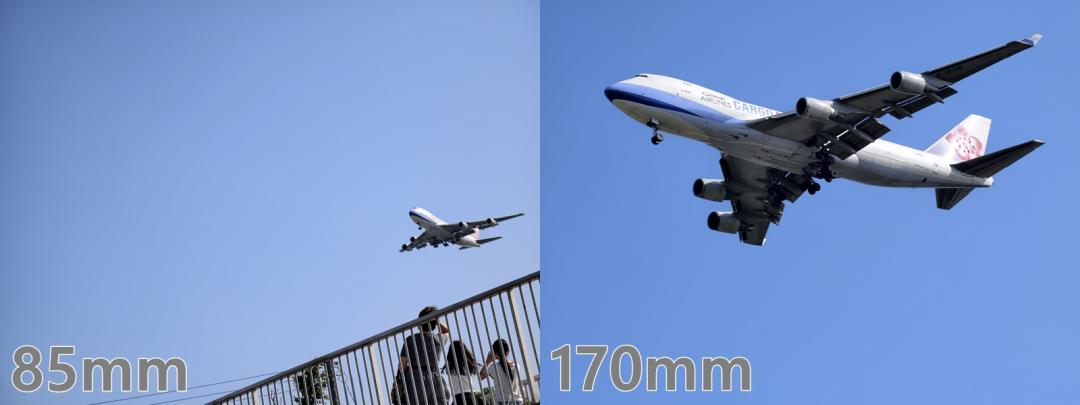 When shooting an airplane landing, the overall outline of the fuselage can be easily captured at 85mm, and the picture is clean. Switching to 170mm can still maintain excellent clarity and details, and the focus response is also very fast.