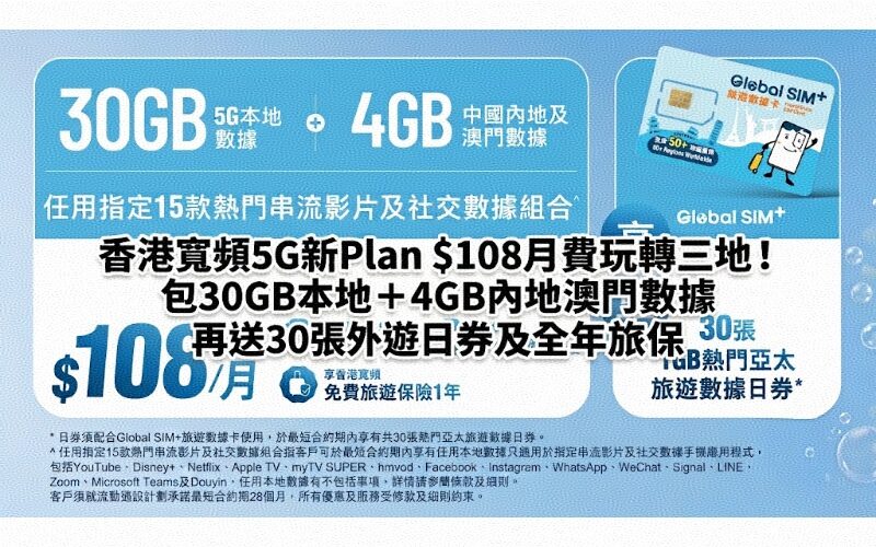 Hong Kong Broadband’s new 5G Plan costs $108 per month and can be used in three places! Includes 30GB local + 4GB mainland and Macau data, plus 30 overseas travel coupons and full-year travel insurance