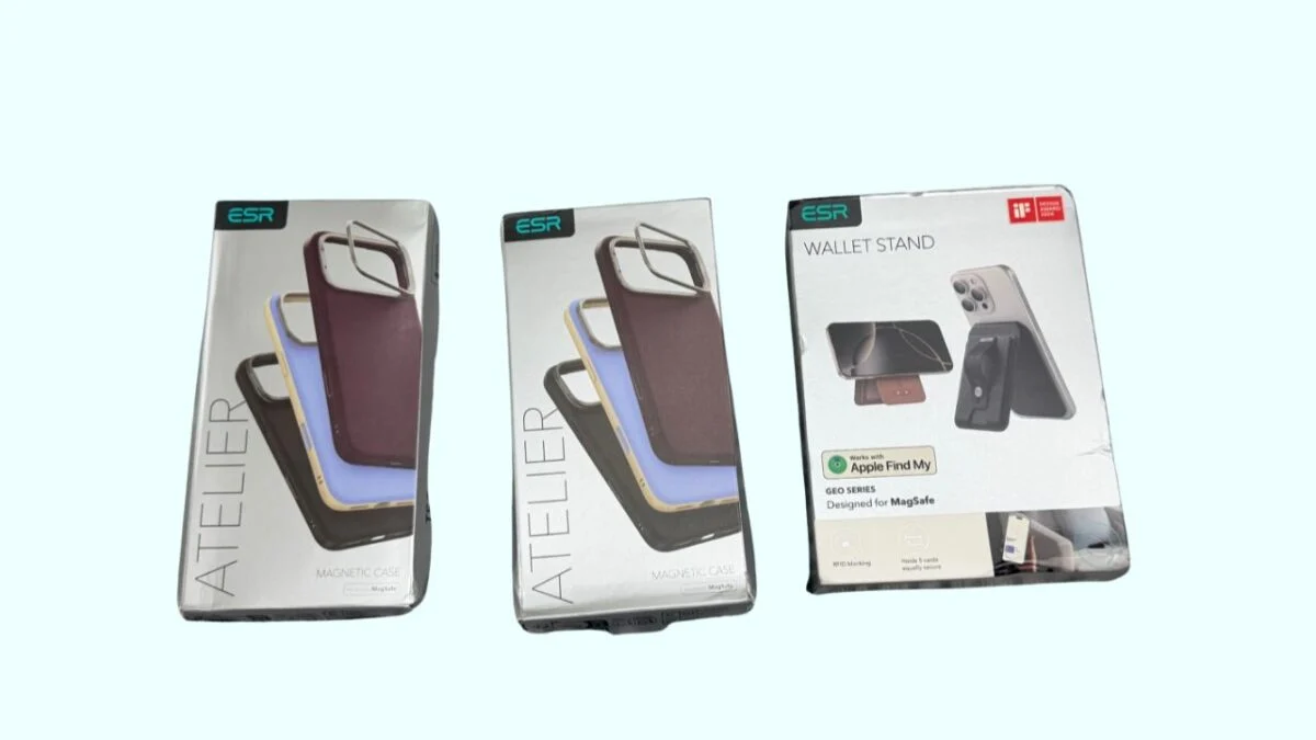 Photos of ESR smartphone case and wallet stand