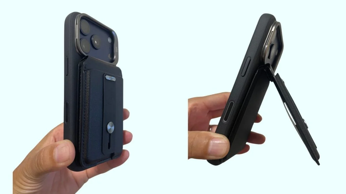 With the wallet attached to the case and with the stand on the wallet side open