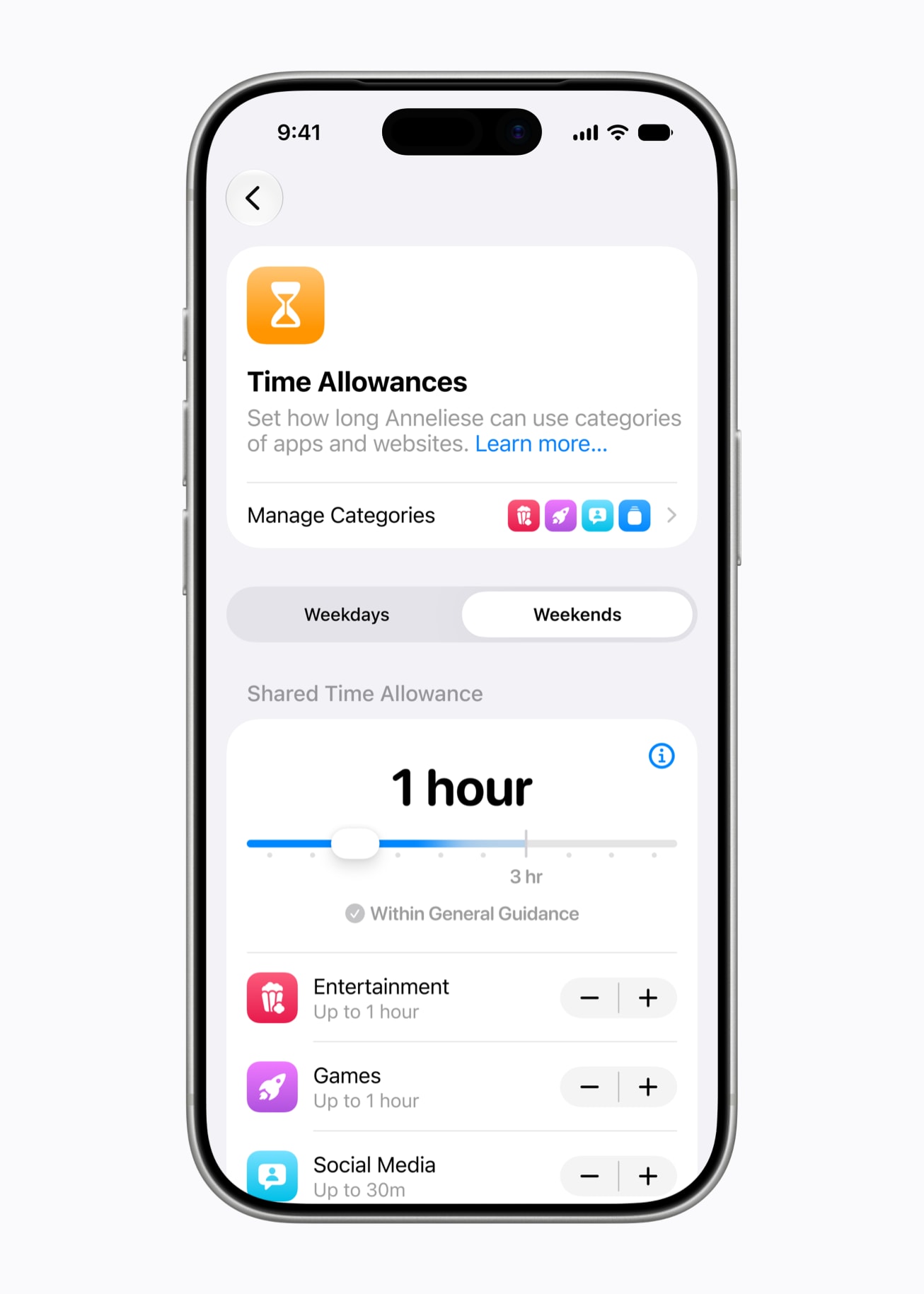 Screen Time Time Allowances settings