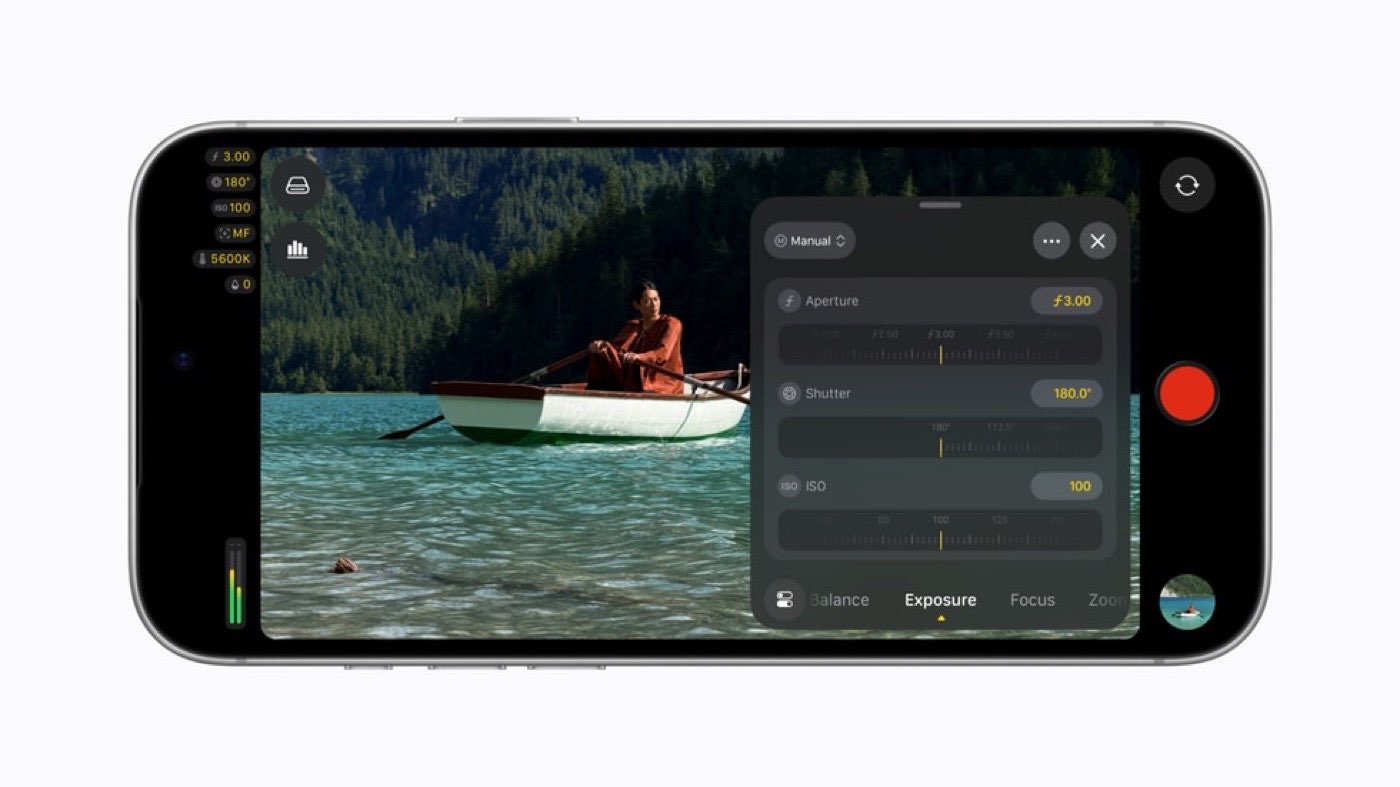 Final Cut Camera on iPhone 18 Pro with aperture, shutter and ISO settings