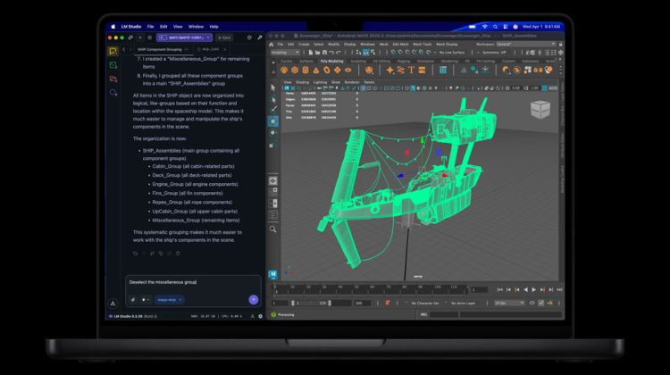 MacBook Pro showing LM Studio and Autodesk Maya from Apple Newsroom