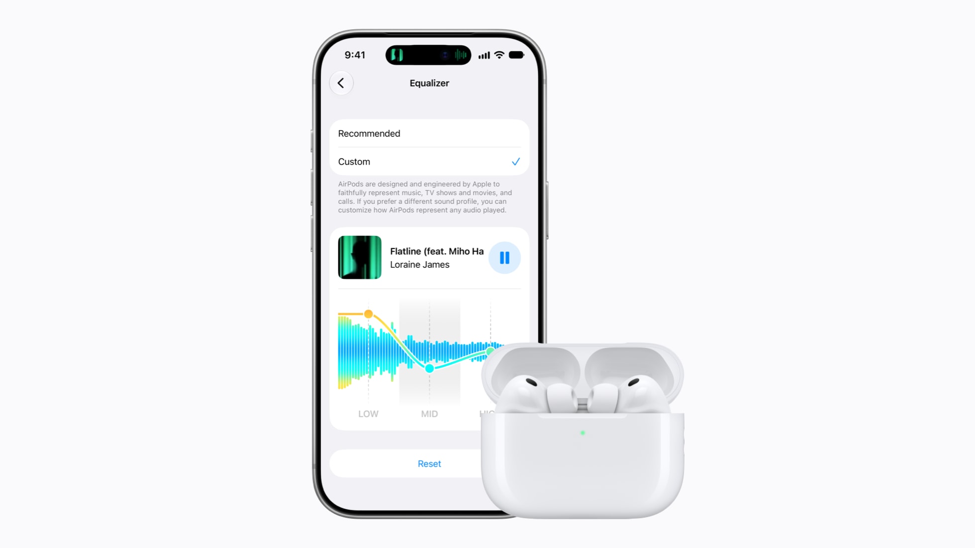 AirPods next to iPhone showing AirPods EQ settings from Apple Newsroom