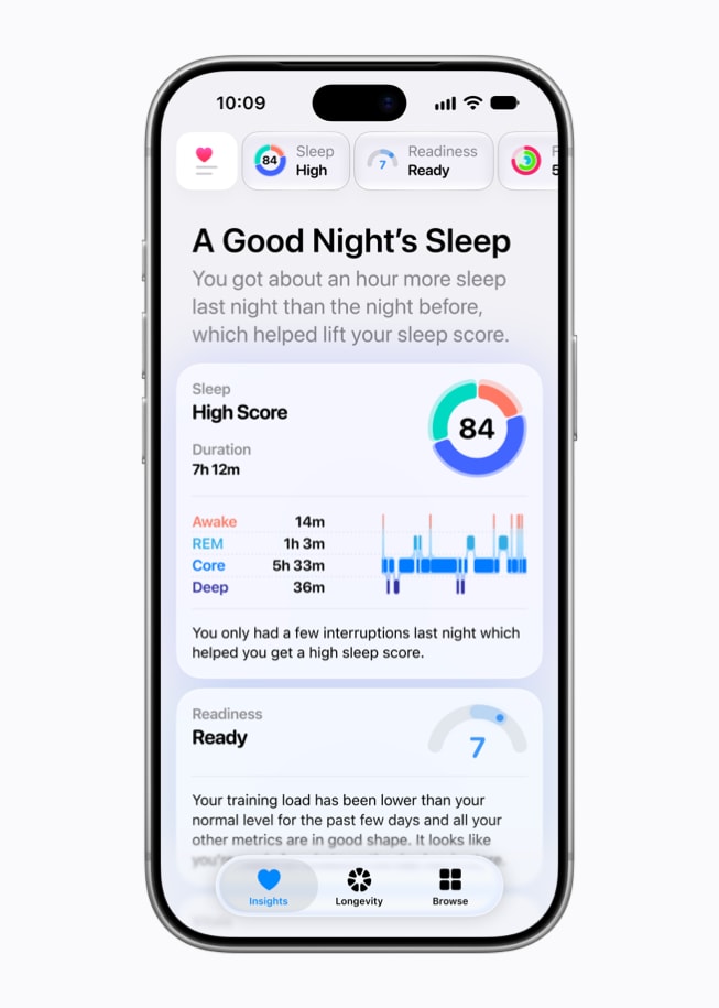 Health app Insights and Sleep Score on iPhone