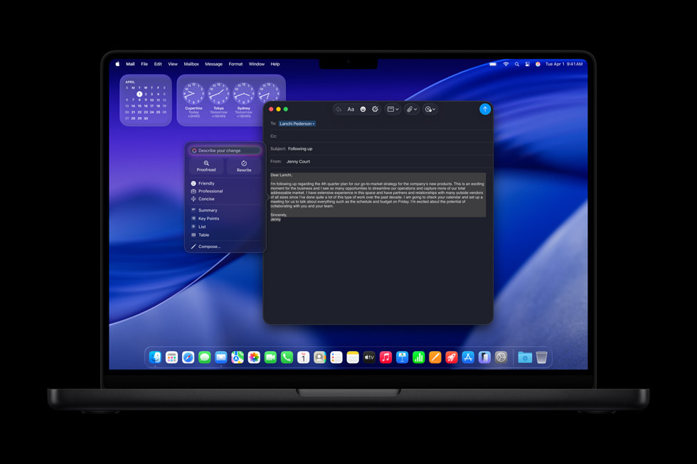 MacBook Pro showing Apple Intelligence Rewrite on macOS Tahoe from Apple Newsroom