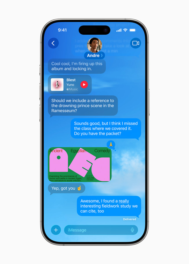 iPhone Messages conversation with custom background from Apple Newsroom